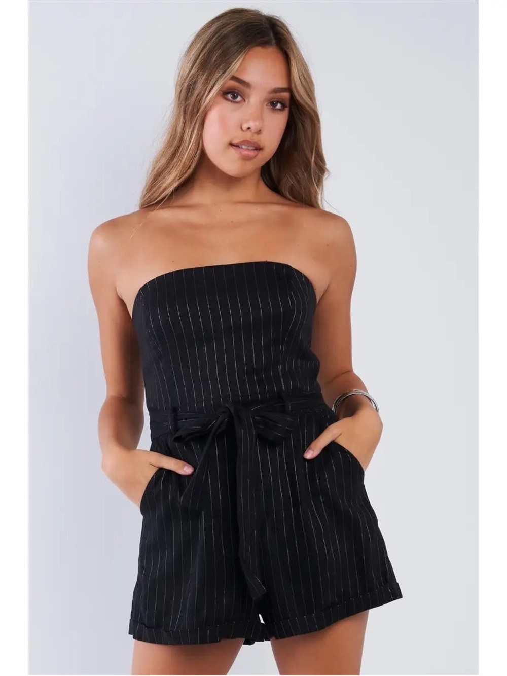 Le Lis Black Pinstripe Strapless Tie-Waist Romper